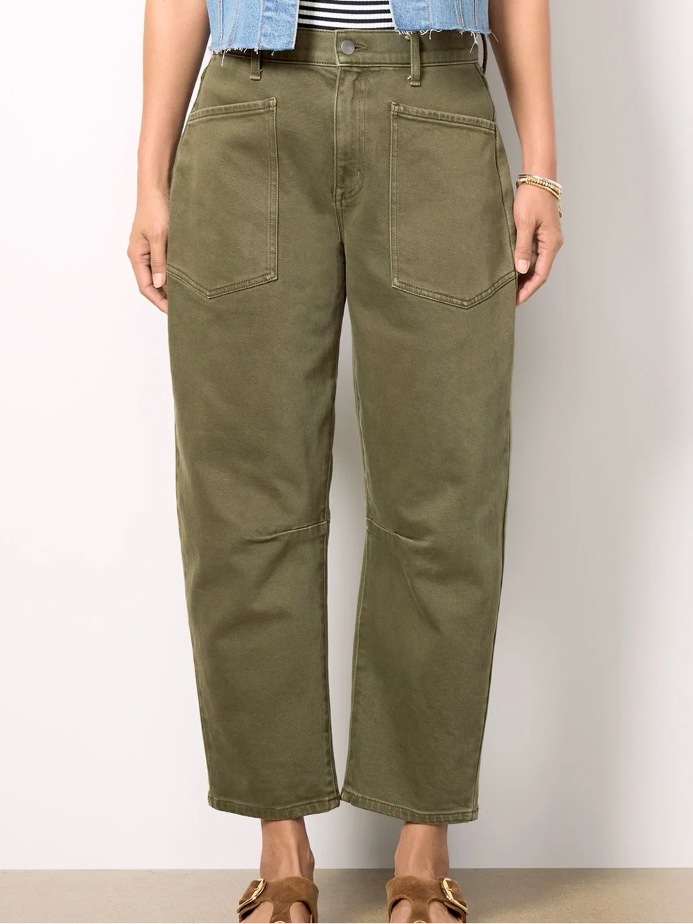 NWOT Evereve Cora Olive Green High Waist Ankle Relaxed Fit Utility Jeans Size 29
